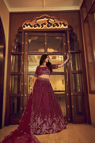 Maroon Faux Georgette Viscose Thread & Sequins Embroidered Lehenga Choli Set with Soft Dupatta