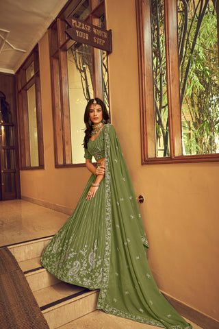 Green Faux Georgette Viscose Thread & Sequins Embroidered Lehenga Choli Set with Soft Dupatta