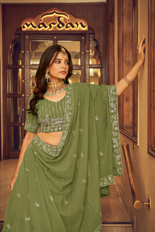 Green Faux Georgette Viscose Thread & Sequins Embroidered Lehenga Choli Set with Soft Dupatta