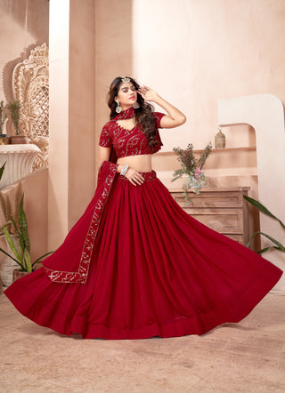Red Faux Georgette Multi Sequins Embroidered Lehenga Choli Set with Dupatta