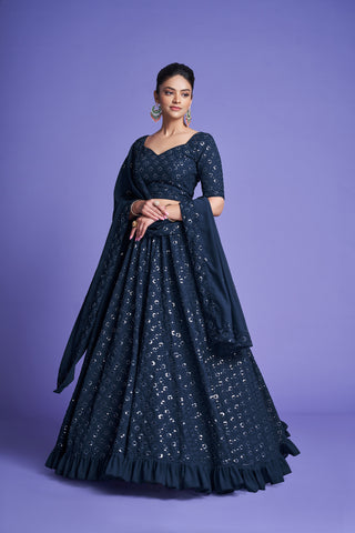 Teal Blue Diamond Georgette Thread & Sequins Embroidered Lehenga Choli Set with Dupatta