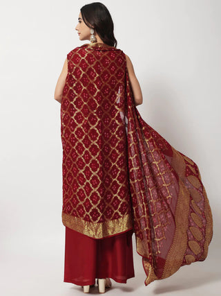 Maroon Solid Silk Suit Set with Heavy Banarasi Bandhej Cape