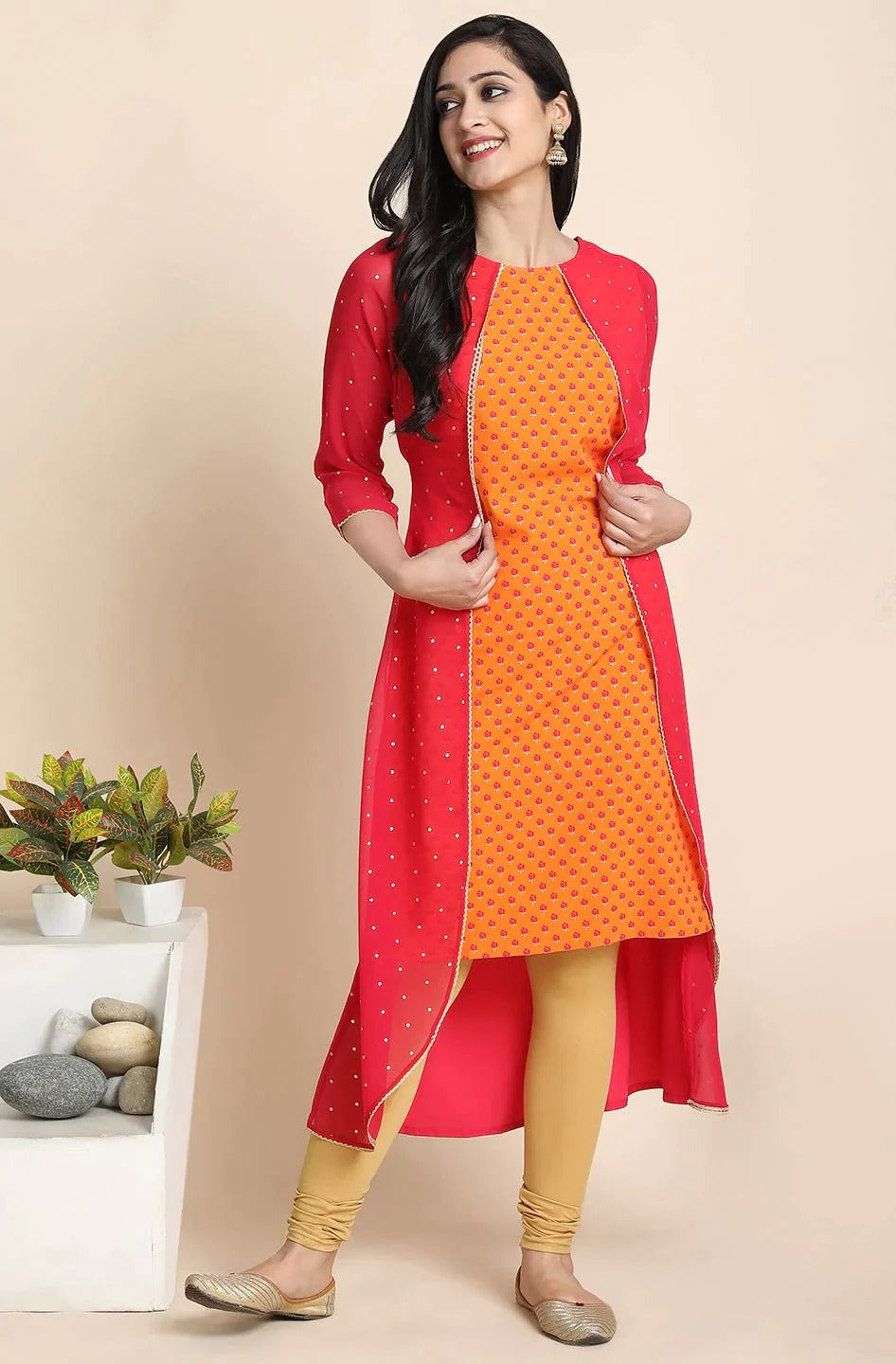 Orange Printed Crepe A-Line Kurta Set