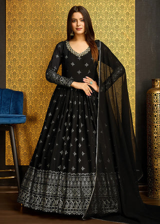 Black Faux Georgette Gown With Metallic Foil Work And Embroidery