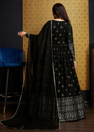 Black Faux Georgette Gown With Metallic Foil Work And Embroidery