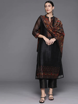Black Printed Chanderi Silk Kurta Set With Silk Blend Bottoms And Dupatta