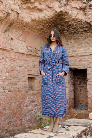 Blue Block Printed Dress With Quilted Jacket