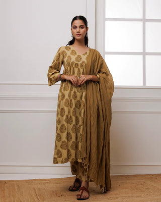 Light Brown Hand Block Printed Suit Set With Dupatta