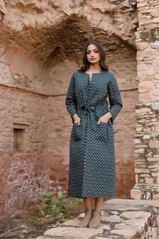 Green Block Printed Dress With Quilted Jacket