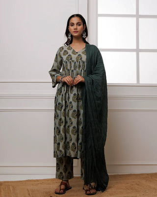 Forest Green Block Printed Suit Set With Dupatta