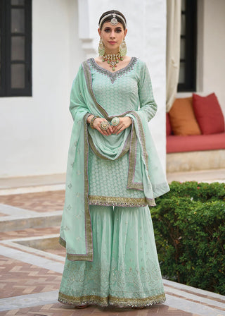 Fauxe Georgette Heavy Embroidered Sea Green  Sharara Set