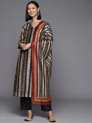 Black And Grey Chanderi Cotton Printed Suit Set With Silk Blend Dupatta