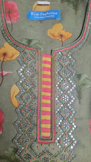 Green Chiffon Flower Print Kurti with Hand Embroidery