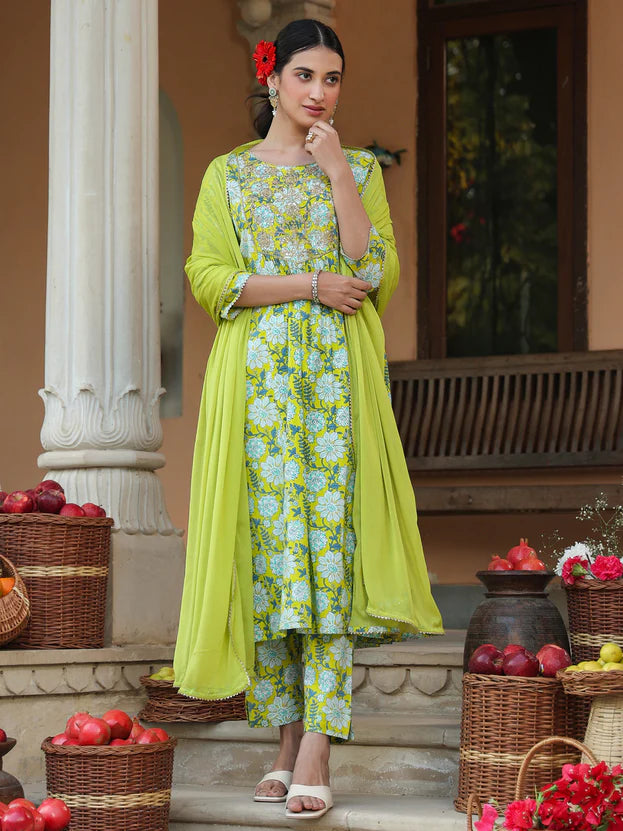 Gardencress Supima Cotton Lime Green Kurta Set main image 1