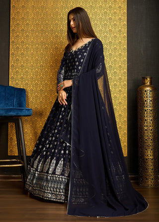 Navy Blue Faux Georgette Gown With Metallic Foil And Embroidery