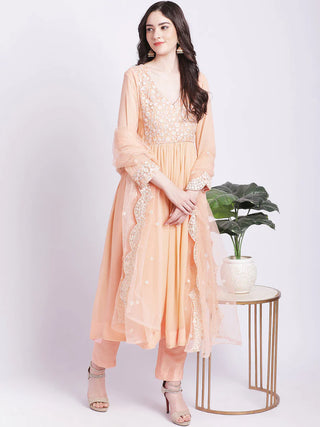 Peach Anarkali Kurti Suit Set With Net Dupatta