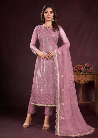 Mauve Embroidered Butterfly Net Salwar Suit Set