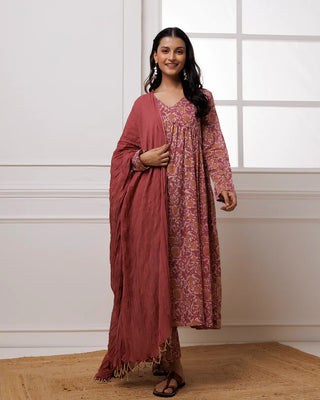 Pink Hand Block Printed Suit Set With Dupatta