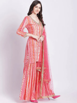Pink And Orange Sharara Set With Net Dupatta