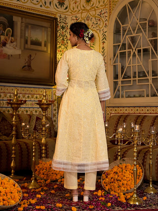 Cotton Yellow Chikankari Sequins Embroidered Anarkali Set With Organza Dupatta