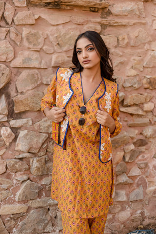 Mustard Kurta Set With Embroidered Quilted Jacket