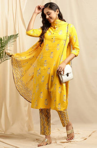 Yellow Printed Palazzo Suit Set with Dupatta