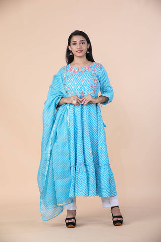 Blue Cotton Leheriya Print Anarkali Set - Ria Fashions