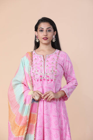 Premium Rayon Bandhani Print Anarkali Set With Gotta Patti Work And Cotton Dupatta - Ria Fashions