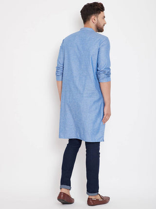 Long Blue Cotton Straight Men's Kurta - Ria Fashions