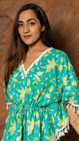 Cotton Blue-Green Hand Block Print Kaftan Style Printed Dress
