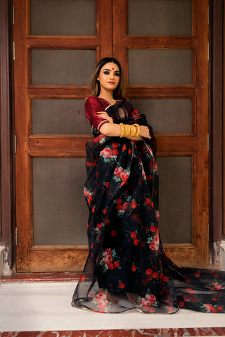 Black & Red Printed Organza Saree with Tafetta Blouse
