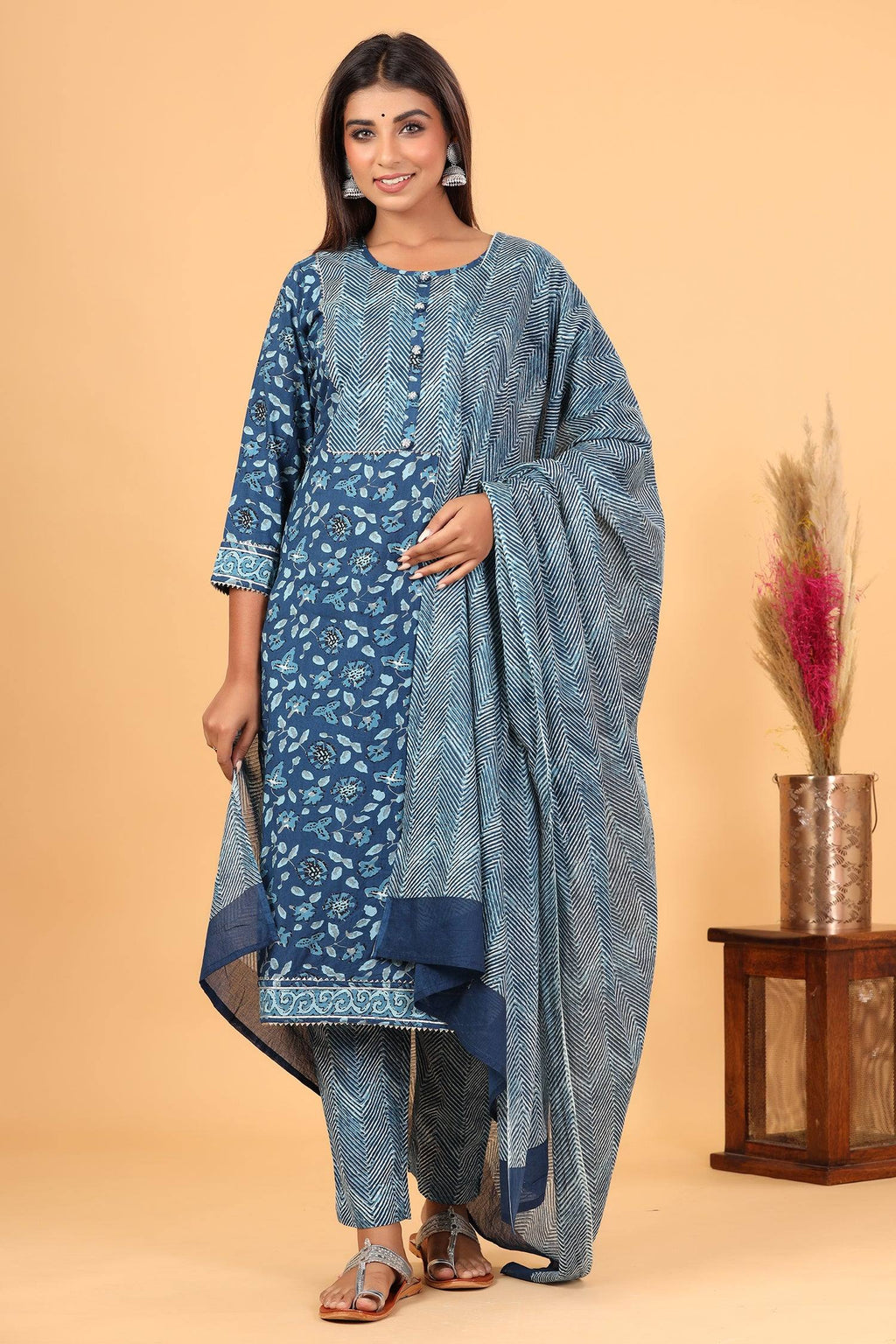 Sky Blue Floral Printed Cotton Suit Set