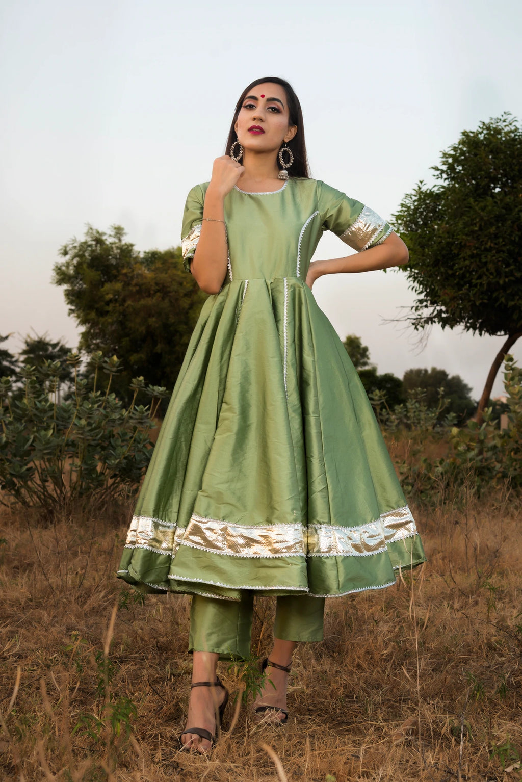 Solid Dark Green Cotton Silk Anarkali Suit Set