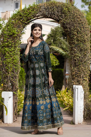 Cotton Green Floral Gold Print Ethnic Gown