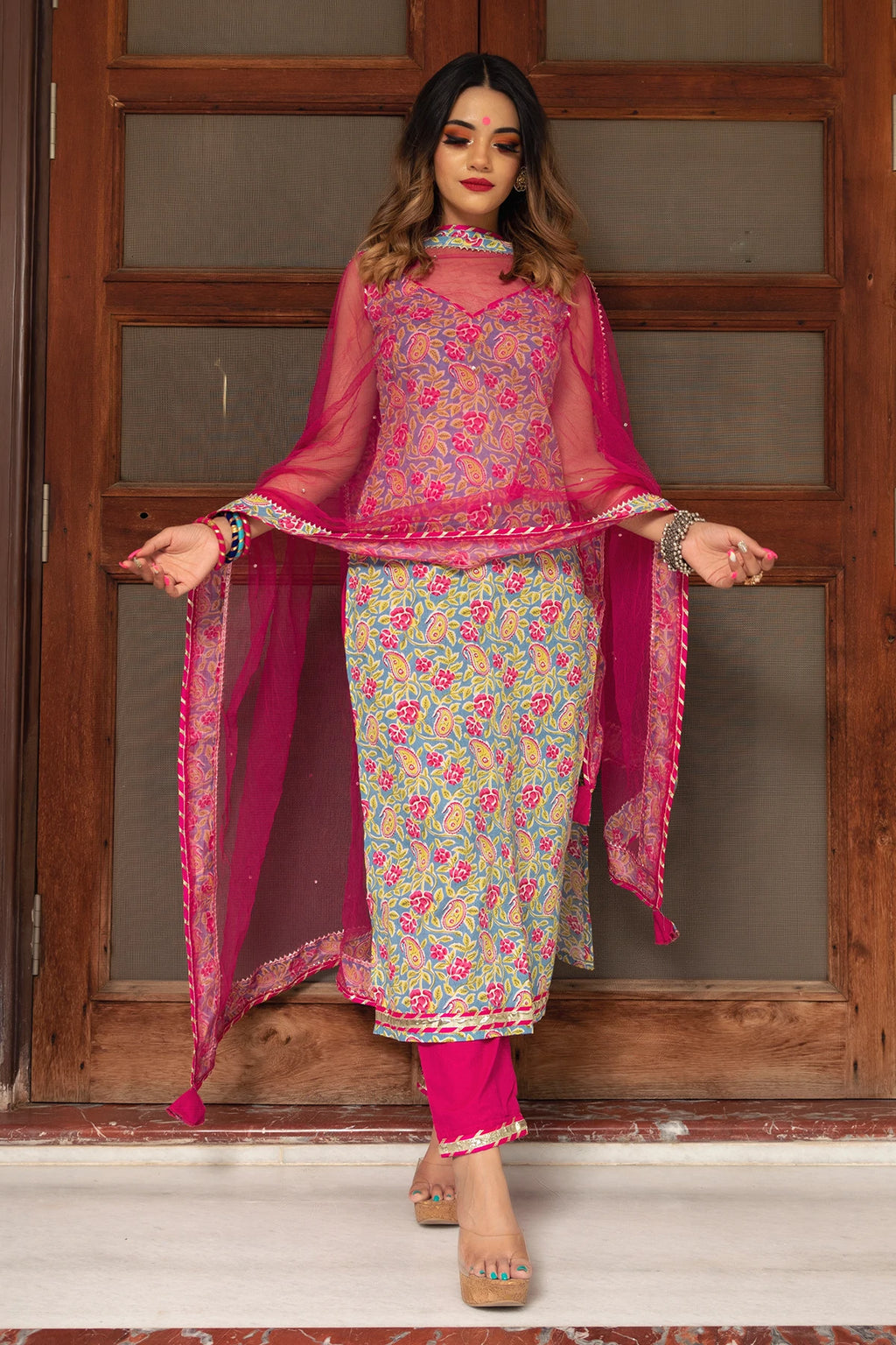 Green Printed Cotton Suit Set