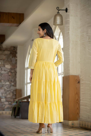 Yellow Mirror Work Ethnic Gown - Ria Fashions