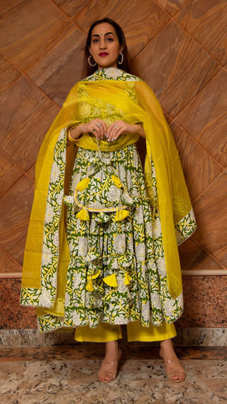Cotton Lime Green & Yellow Printed Anarkali Suit Set with Organza Dupatta