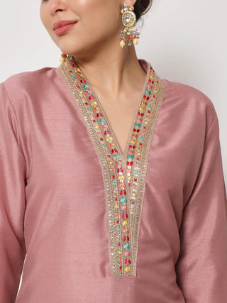 Mauve Silk Embroidered Suit Set with Net Dupatta