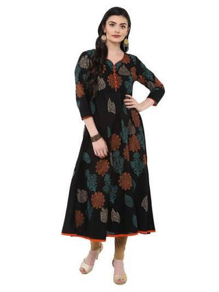 Black Cotton Printed Anarkali with Multicolored Ajrakh Hand Block Print - Ria Fashions