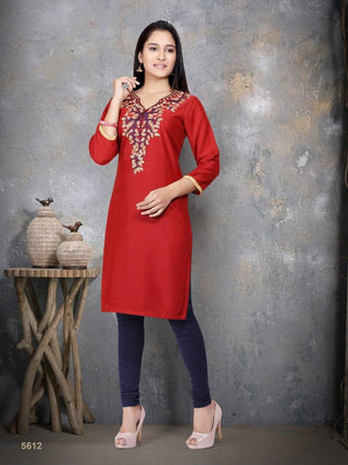 Red Embroidered Cotton Silk Kurti - Ria Fashions