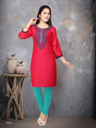 Red Embroidered Cotton Silk Kurti - Ria Fashions