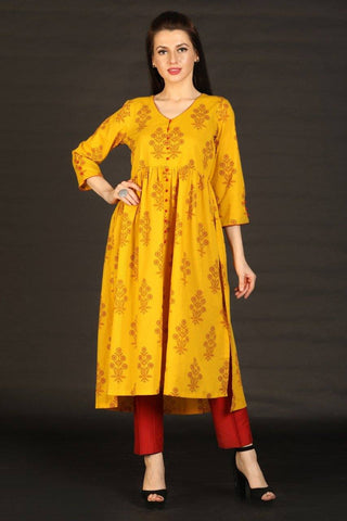 Yellow Block Printed Kurta - Ria Fashions