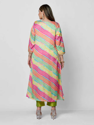 Multicolor Leheriya Print  Silk Kurta Pant Set