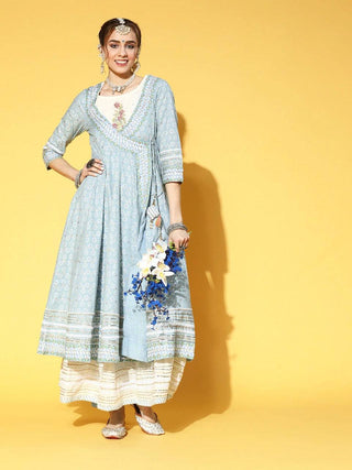 Blue and White Gotta Patti Anarkali Kurta - Ria Fashions