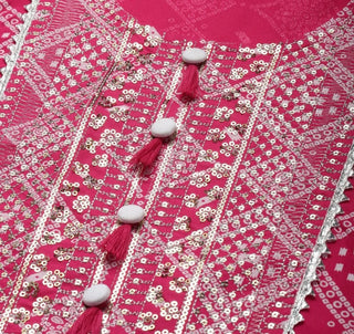 Pink Rayon Bandhani Print & Sequin Detailing Suit Set with Chiffon Dupatta