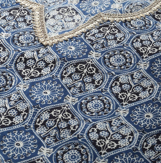 Blue & Black Cotton Ethnic Motif Print & Gota Patti Detailing Straight Cut Kurta