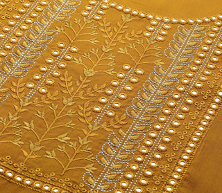 Yellow Cotton Silk Mirror Work Embroidered A Line Kurta