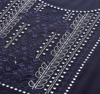 Navy Blue Cotton Silk Mirror Work Embroidered A Line Kurta