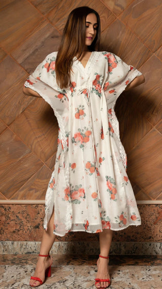 Organza White & Red Kaftan Style Printed Dress - Ria Fashions