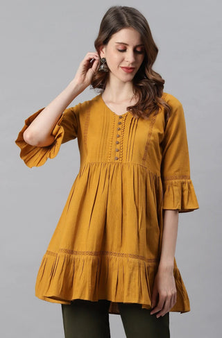 Yellow Cotton Flex Embellished A Line Top